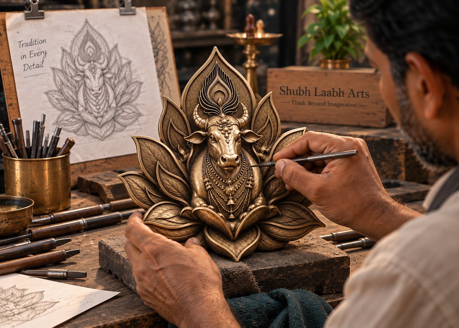 An artisan hand-finishing a brass Nandi idol at Shubh Laabh Arts